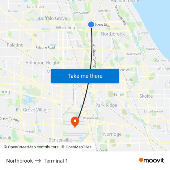 Northbrook to Terminal 1 map