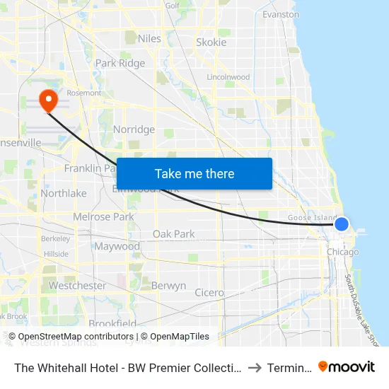 The Whitehall Hotel - BW Premier Collection, Chicago to Terminal 1 map