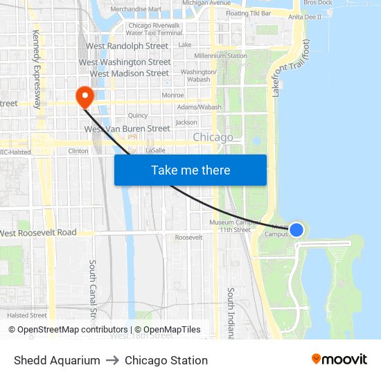 Shedd Aquarium to Chicago Station map