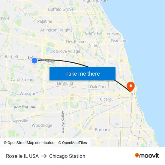 Roselle IL USA to Chicago Station map