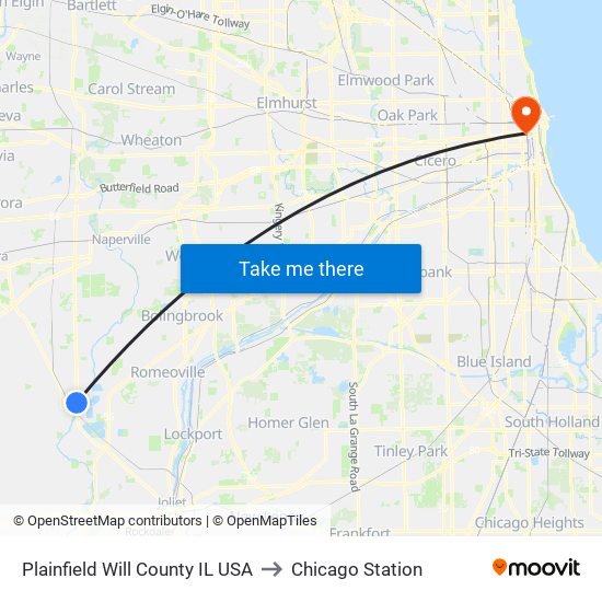 Plainfield Will County IL USA to Chicago Station map