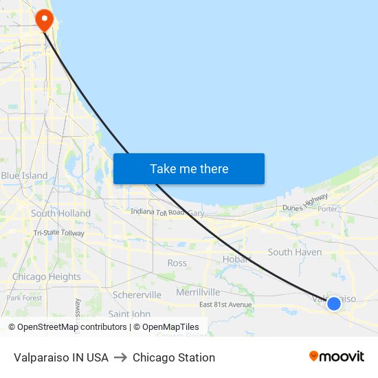 Valparaiso IN USA to Chicago Station map