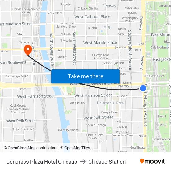 Congress Plaza Hotel Chicago to Chicago Station map