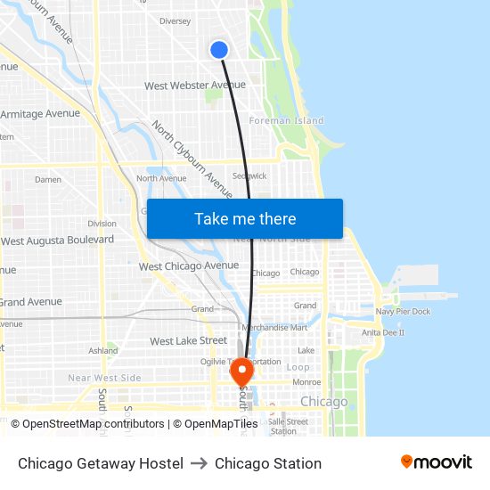 Chicago Getaway Hostel to Chicago Station map