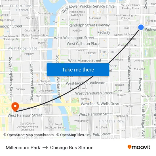 Millennium Park to Chicago Bus Station map