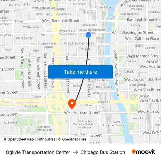 Ogilvie Transportation Center to Chicago Bus Station map