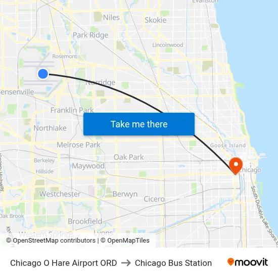 Chicago O Hare Airport ORD to Chicago Bus Station map