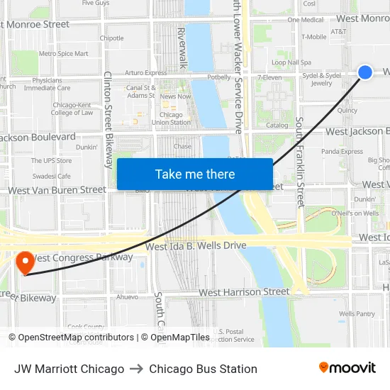 JW Marriott Chicago to Chicago Bus Station map
