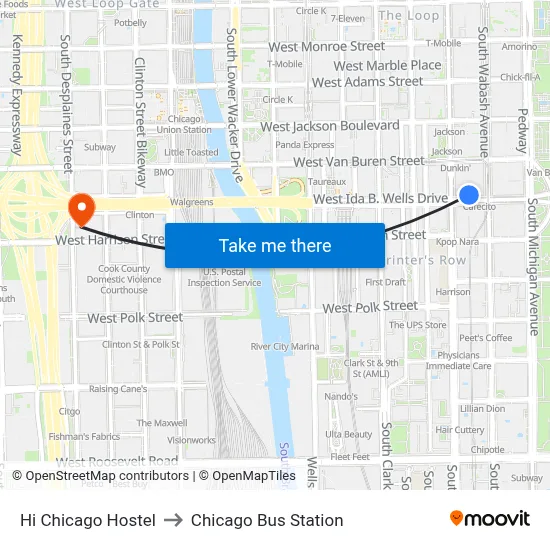 Hi Chicago Hostel to Chicago Bus Station map