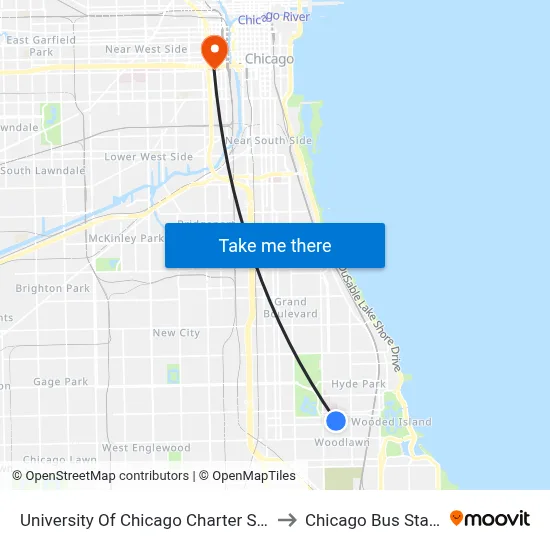 University Of Chicago Charter School to Chicago Bus Station map