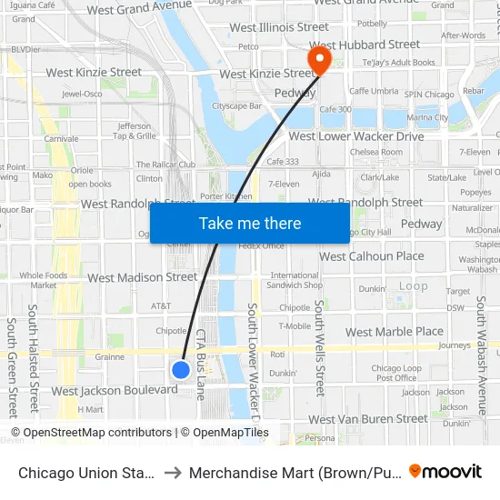 Chicago Union Station to Merchandise Mart (Brown / Purple) map