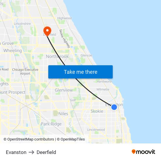 Evanston to Deerfield map