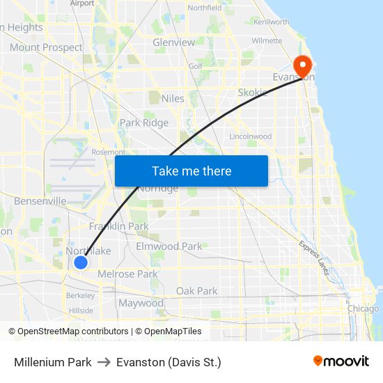 Millenium Park to Evanston (Davis St.) map