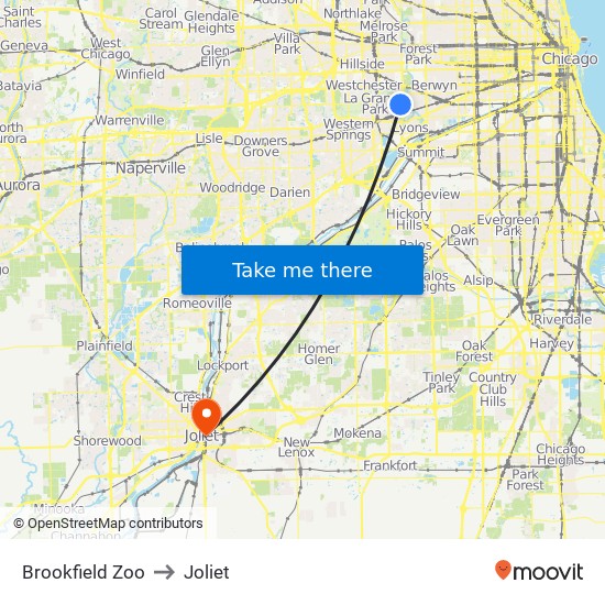 Brookfield Zoo to Joliet map