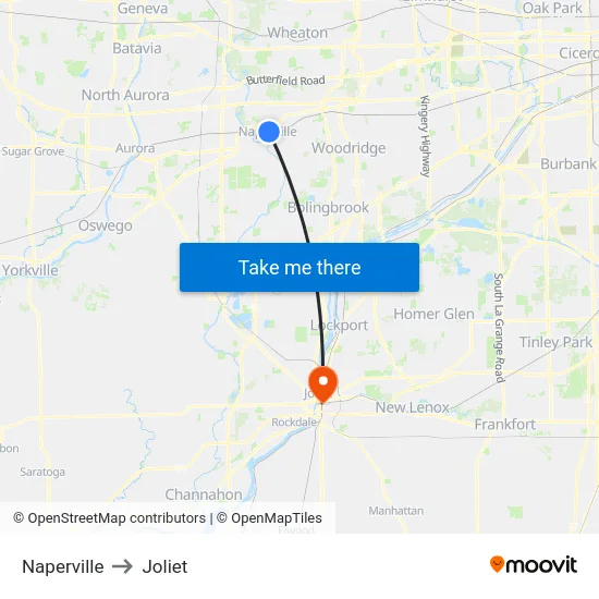 Naperville to Joliet map