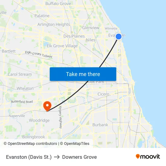 Evanston (Davis St.) to Downers Grove map