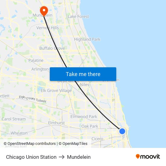 Chicago Union Station to Mundelein map