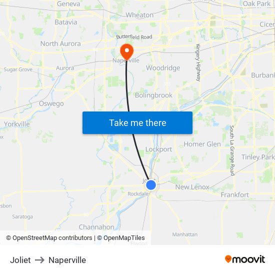 Joliet to Naperville map