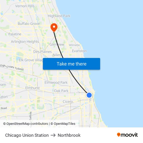 Chicago Union Station to Northbrook map