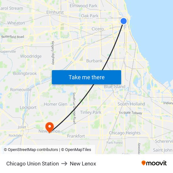 Chicago Union Station to New Lenox map