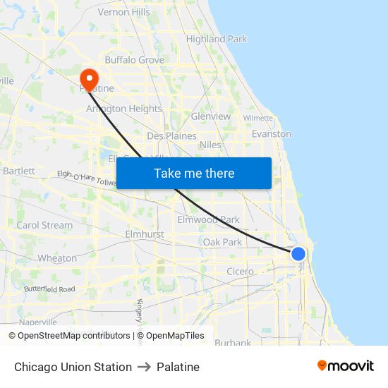 Chicago Union Station to Palatine map