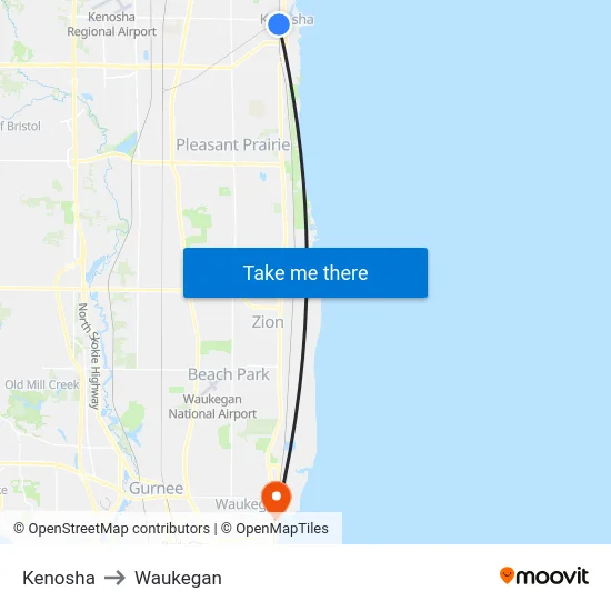 Kenosha to Waukegan map