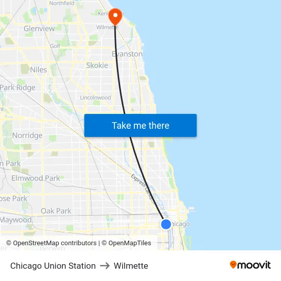Chicago Union Station to Wilmette map