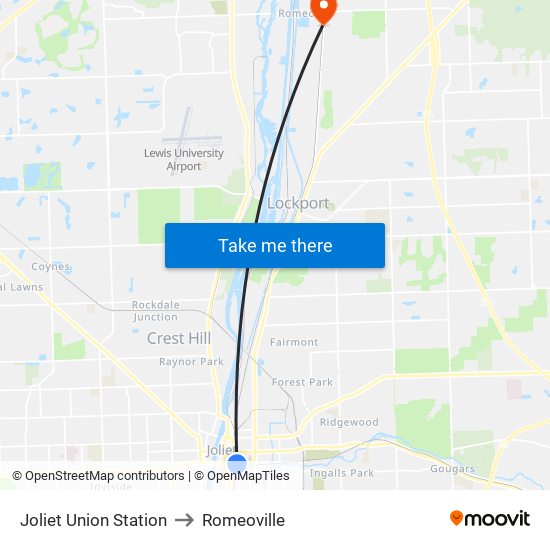 Joliet Union Station to Romeoville map