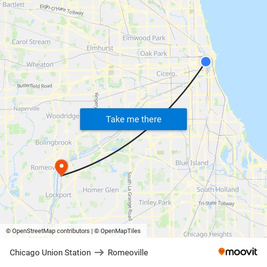 Chicago Union Station to Romeoville map