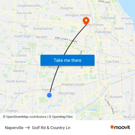 Naperville to Golf Rd & Country Ln map