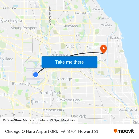 Chicago O Hare Airport ORD to 3701 Howard St map