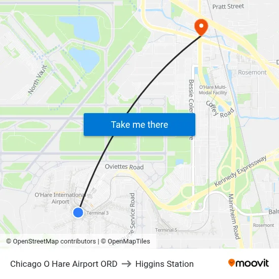 Chicago O Hare Airport ORD to Higgins Station map