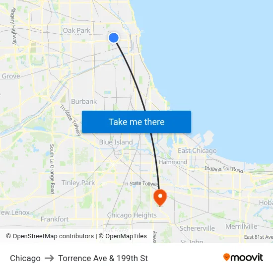 Chicago to Torrence Ave & 199th St map