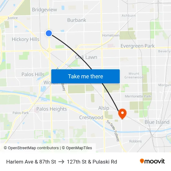 Harlem Ave & 87th St to 127th St & Pulaski Rd map