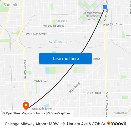 Chicago Midway Airport MDW to Harlem Ave & 87th St map