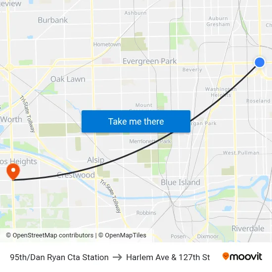 95th/Dan Ryan Cta Station to Harlem Ave & 127th St map