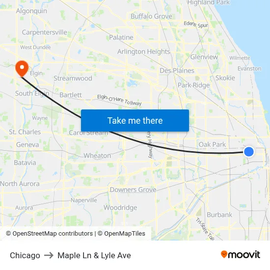 Chicago to Maple Ln & Lyle Ave map