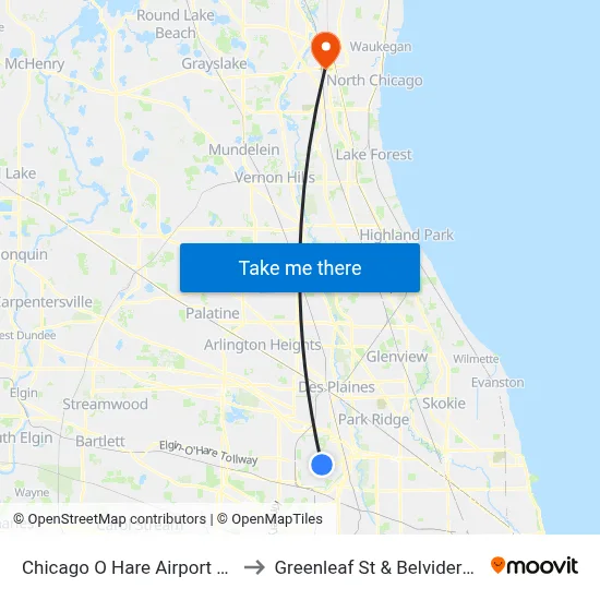 Chicago O Hare Airport ORD to Greenleaf St & Belvidere Rd map