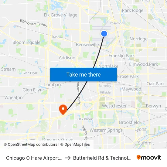 Chicago O Hare Airport ORD to Butterfield Rd & Technology Dr map