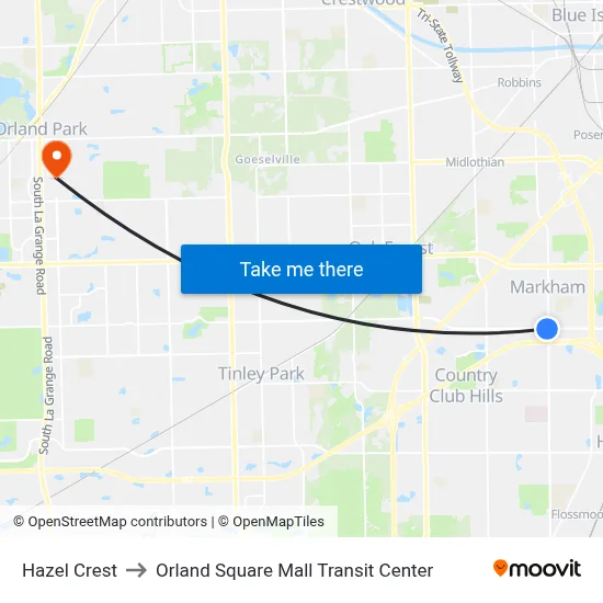 Hazel Crest to Orland Square Mall Transit Center map