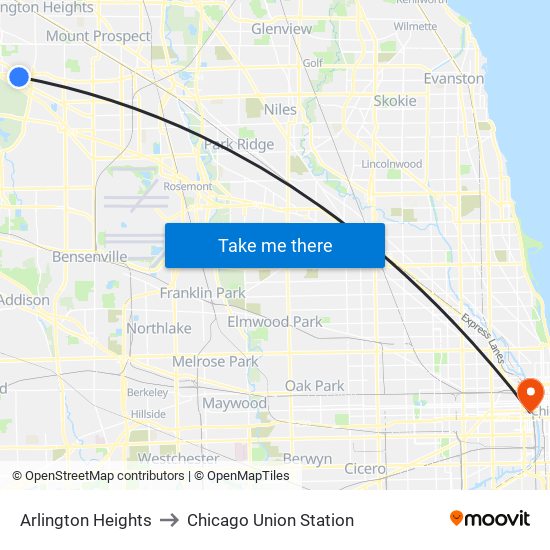 Arlington Heights to Chicago Union Station map