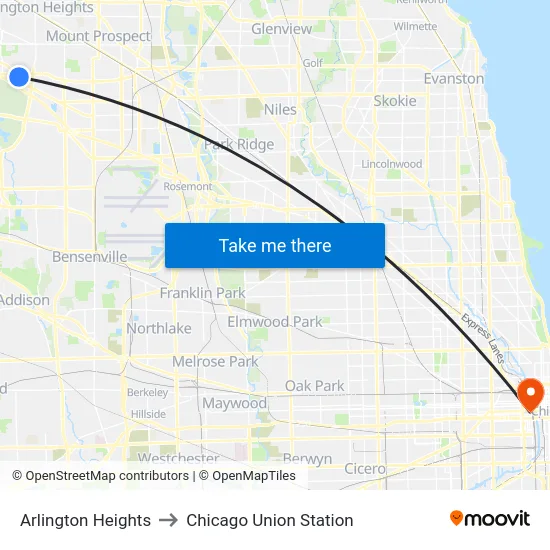 Arlington Heights to Chicago Union Station map