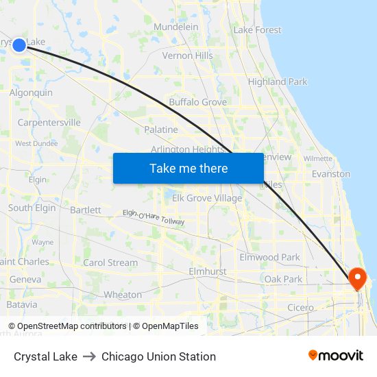 Crystal Lake to Chicago Union Station map