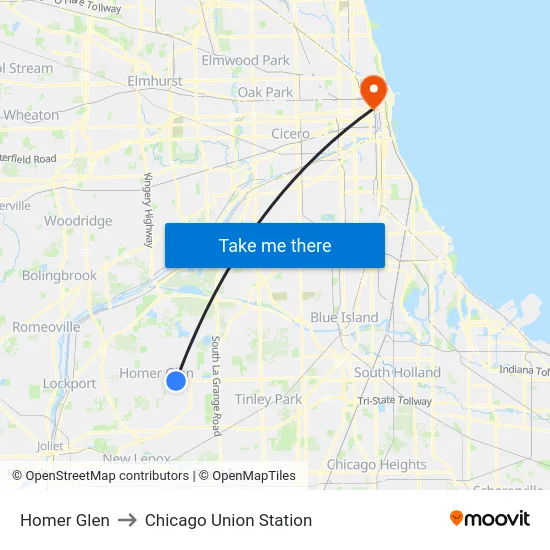 Homer Glen to Chicago Union Station map