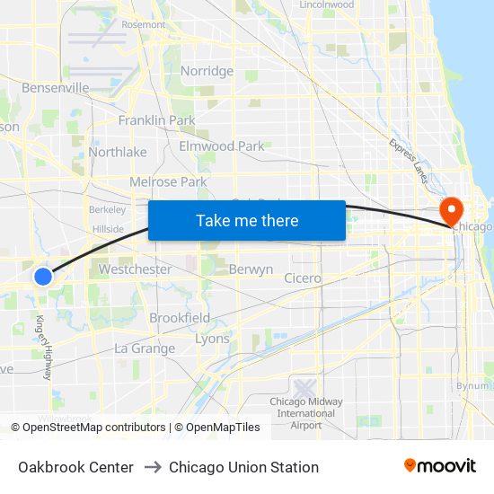 Oakbrook Center to Chicago Union Station map
