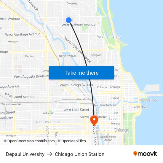 Depaul University to Chicago Union Station map