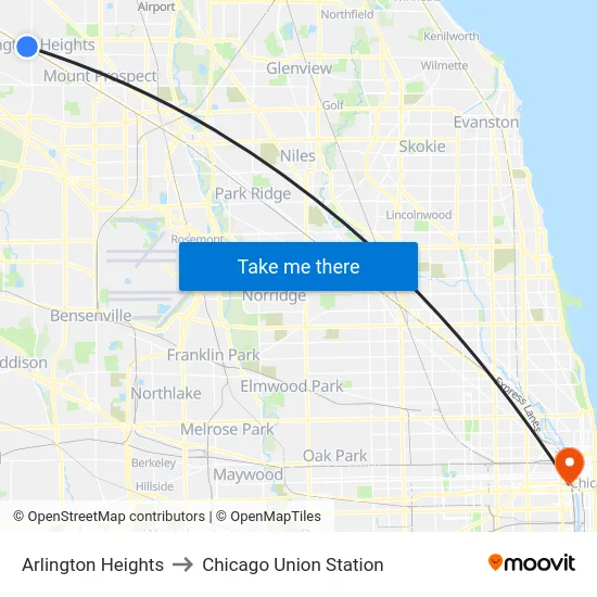 Arlington Heights to Chicago Union Station map