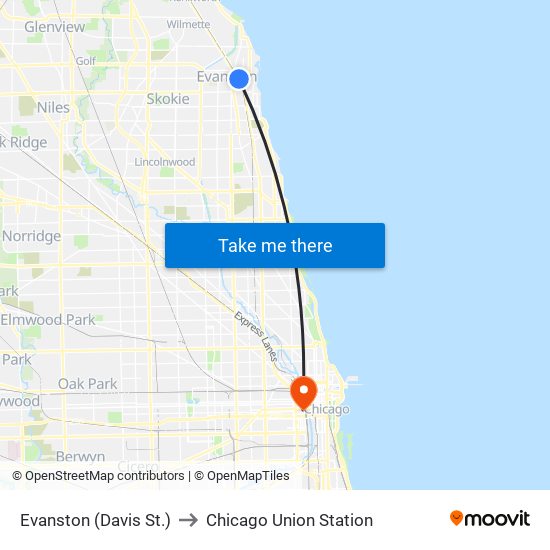 Evanston (Davis St.) to Chicago Union Station map
