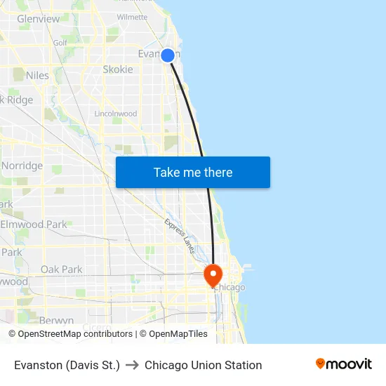Evanston (Davis St.) to Chicago Union Station map