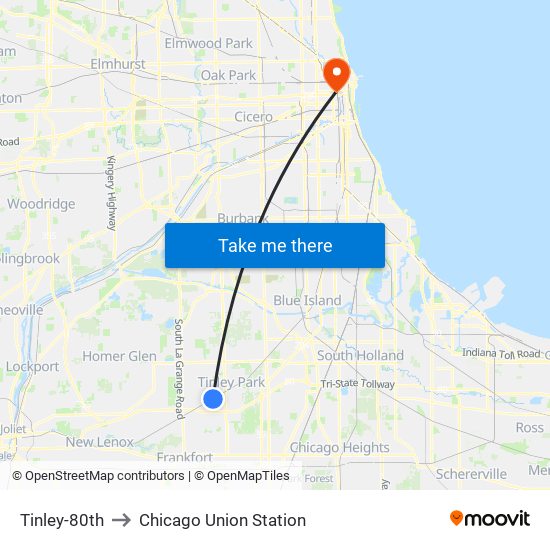 Tinley-80th to Chicago Union Station map